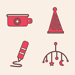 Set Baby crib hanging toys, Baby potty, Party hat and Wax crayon for drawing icon. Vector