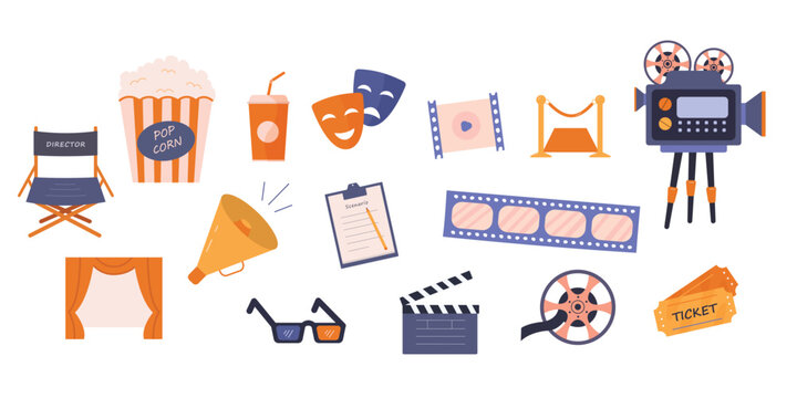 Collection of colorful cinema elements of cinematography. Hand drawn movie industry equipment.Colorful vector illustration in cartoon flat style.