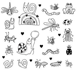 Set of insects frog, snail on rainbow, beetles and spider, dragonfly and bee, ladybug and mosquito, grasshopper and worm. Linear hand drawn doodle. Vector illustration for design, decor, decoration
