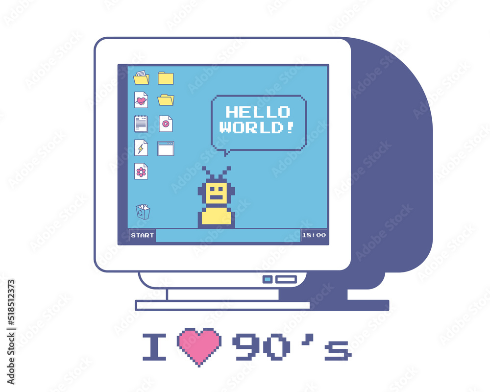 Wall mural cute vintage old computer monitor. desktop with retro icons, folders and buttons. a robot and speech