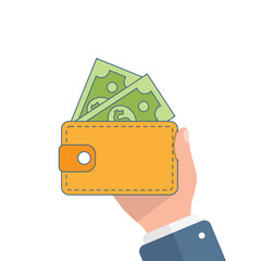 Wallet with money in hand illustration in flat style. Online payment vector illustration on isolated background. Cash and purse sign business concept.