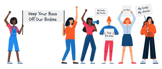 Young girls are holding posters and signs in their hands. Pro-Choice women protest activists. Women's fighting for abortion rights. Female protest march against abortion ban. Vector illustration - obrazy, fototapety, plakaty