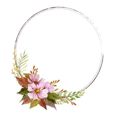 Frame with hand drawn watercolor autumn flowers, branches and leaves