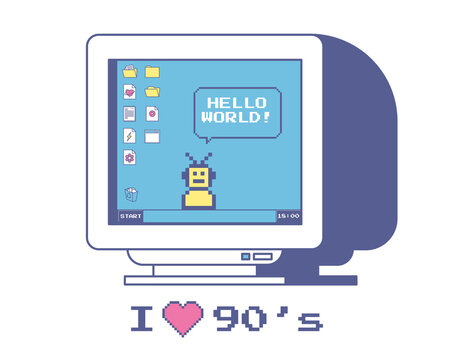 Cute vintage old computer monitor. Desktop with retro icons, folders and buttons. A robot and speech bubble with phrase Hello world. I love the 90s. Nostalgic aesthetics or retro UI design. Vector