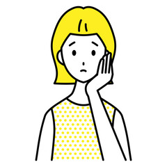 手を頬にあて、困った様子の若い女性