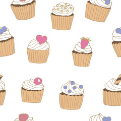 Cupcakes seamless pattern vector illustration, hand drawing colored