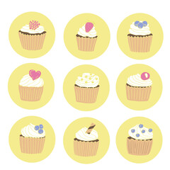 Cupcakes highlights set vector illustration, hand drawing doodles colored