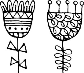Hand drawn doodle fantasy flowers in black outline and white fill, Vector illustrations for invitations, greeting cards, quotes, blogs, posters.