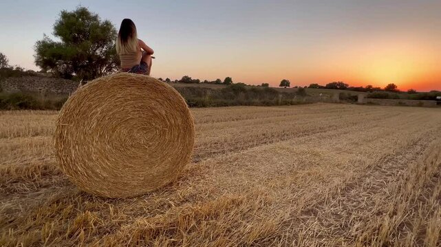 Chica viendo atardecer en verano subida sobre una bala de paja