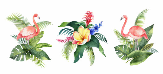 Watercolor vector set with tropical leaves, flowers and flamingo.