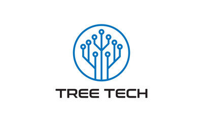 tree with circle logo, tech style, innovative digital technology. vector illustration icons.
