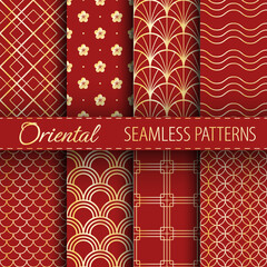 Oriental seamless patterns collection. Vector traditional asian gold ornaments on red background. Best for textile, wrapping paper, package and home decoration.