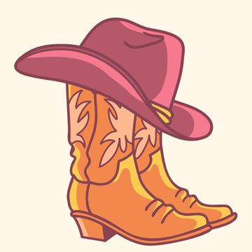 Cowboy paper background for text. Vector western illustration with cowboy boots and hat and lasso on wood texture.
