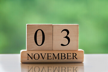 November 3 calendar date text on wooden blocks with copy space for ideas or text. Copy space