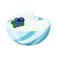 Cottage cheese with blueberries in a plate, isolated on a white background.Vector illustration of the product.