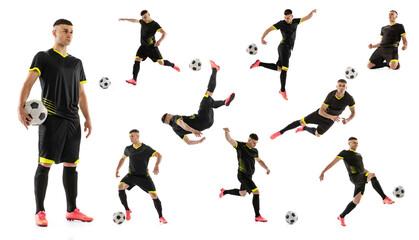 Sport movements. Set, collage made of shots of male professional soccer player with ball in motion,...