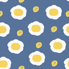 Pretty seamless floral pattern in trendy boho style. Hand drawn white chamomile or daisies on blue background. Cute flowers and round dots. For textiles, decoration, fabric, wrapping paper, packaging.