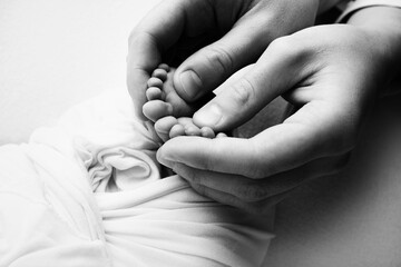 The palms of the parents. A father and mother hold a newborn baby by the legs. The feet of a newborn in the hands of parents. Photo of foot, heels and fingers. Black and white studio macro photography