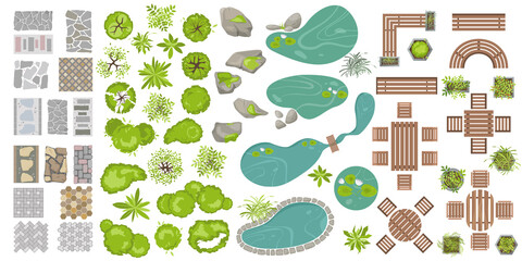 Set Architectural and Landscape elements top view. Collection of houses, garden plants, trees, ponds, outdoor furniture, footpath tile, tables, benches, chairs for landscape design. Vector. View above
