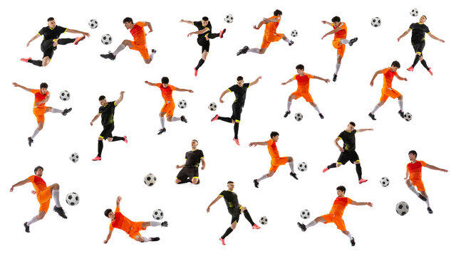 Collage made of dynamic images of male professional football soccer players with ball in motion, action isolated on white studio background.