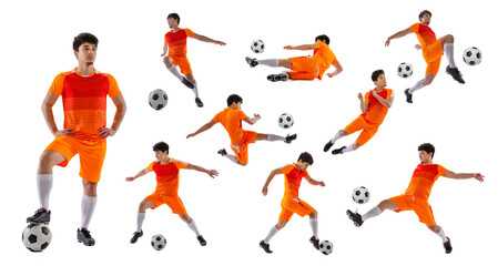 Sport movements. Set, collage made of shots of male professional soccer player with ball in motion, action isolated on white background. Man in orange football kit