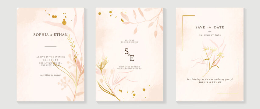 Luxury Fall Wedding Invitation Card Template. Watercolor Card With Gold Line Art, Flowers, Leaves Branches, Foliage. Minimal Autumn Botanical Vector Design Suitable For Banner, Cover, Invitation.