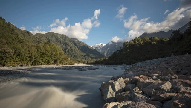 Time lapse of fast flowing Waiho River in the Southern Alps, West Coast, South Island, New Zealand. The cloudy water is caused by the glacial flour in the melt water from the Franz Josef glacier.
