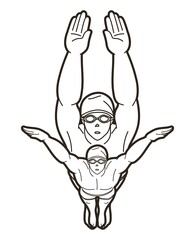 Group of People Swimming Together Swimmer Action Cartoon Sport Graphic Vector