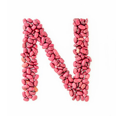 Capital letter N from red kidney beans. Beans font. White background. Bright font for menu or food blog. Lettering design element. Initial cap