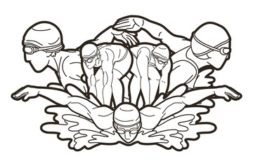 Group of People Swimming Together Swimmer Action Cartoon Sport Graphic Vector