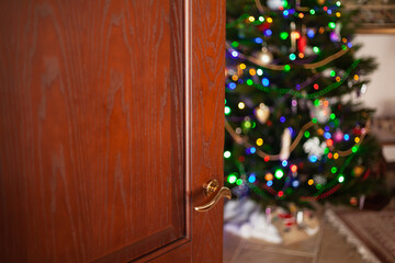 Open wooden door to room with christmas tree..
