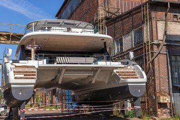 Catamaran prepared for launching in the shipyard in Gdansk