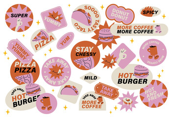 Vector set of retro fast food stickers. Colorful patch badges for junk food cafe.