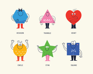 Set of Various bright basic Geometric Figures with face smiling. Funny shapes educational material for preschool kids. Hand drawn trendy Vector illustration for kids. All elements are isolated