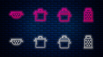 Set line Cooking pot, , Kitchen colander and Grater. Glowing neon icon on brick wall. Vector