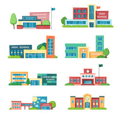 municipal buildings. knowledge houses for studying school institute college university architectural facades. Vector municipal constructions in flat style