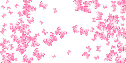 Obraz premium Exotic pink butterflies cartoon vector wallpaper. Summer funny moths. Decorative butterflies cartoon children background. Delicate wings insects patten. Tropical creatures.
