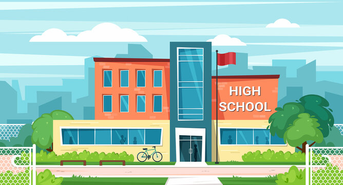 high school facade. urban landscape background with institute or university building. Vector cartoon city municipal building
