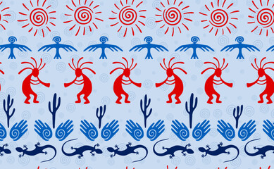 Kokopelli with flute, pangolin, hawk, sun symbol, hands and plant tribal vector seamless pattern.