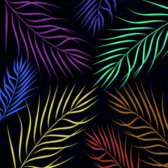 Abstract dark background with colorful palm leaves. Colorful flat illustration for your creativity.