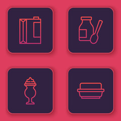 Set line Paper package for kefir, Milkshake, Drinking yogurt in bottle and Butter butter dish. Blue square button. Vector