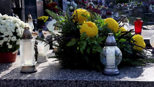 Flowers on a grave on Wolski Cemetery in Warsaw, Poland