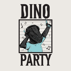 Funny dinosaur dancing and listening music in headphones with music signs on background