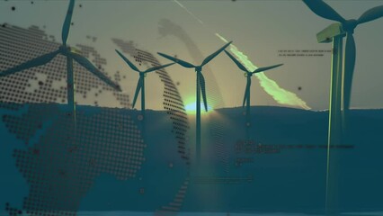 Animation of globe and data processing over wind turbines at sunset - Powered by Adobe