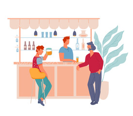 Fototapeta na wymiar Group of people at bar counter, drinking alcohol and talking. Pub bartender serving clients, flat vector illustration isolated on white.
