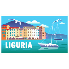 Liguria banner template vector illustration with a seascape, boats and urban landscape