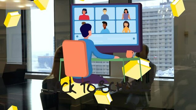 Animation of books and cartoon programmer with screen over african american man in office
