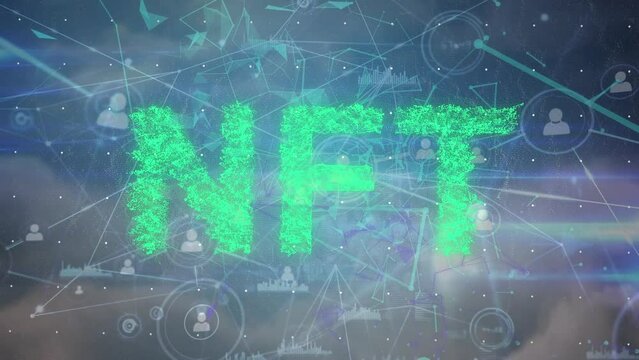 Animation of nft and network of connections over clouds