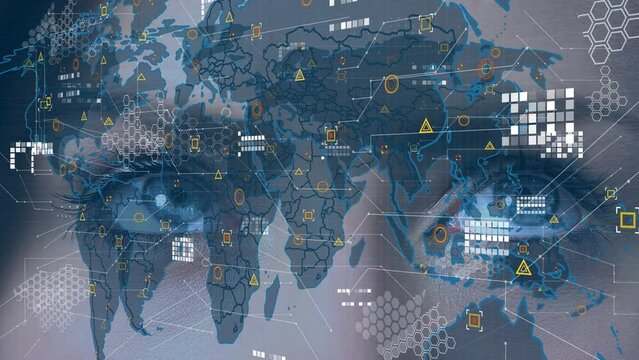 Animation of world map and icons over face of caucasian woman