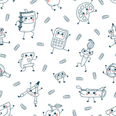 Back to School. Funny Cute School Supplies Seamless Pattern. Dancing Happy Education Characters. Fun Background for Kids. Vector illustration. Kawaii Style